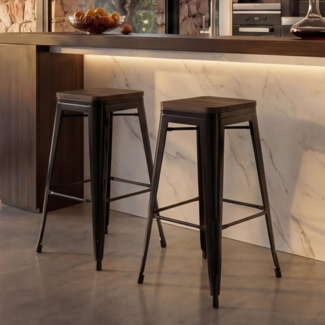 2er-Set Barhocker HWC-A73 inkl. Holz-Sitzfläche, Barstuhl Tresenhocker, Metall Industriedesign stapelbar ~ schwarz