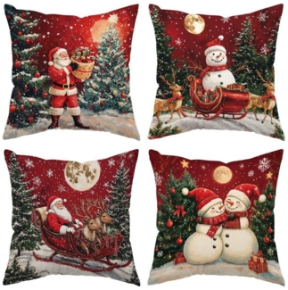 Coonoor Kissenbezug 18x18 Weihnachtsleinen Kissenbezug, Weihnachtskissenbezug, (4 Stück), Weihnachtssofa Kissenbezug, Weihnachtsmann Rentier Schneemann