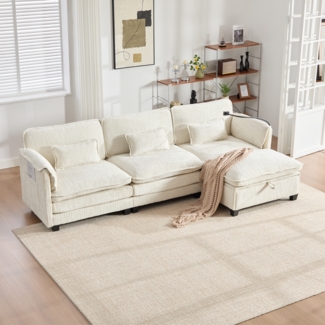 Flieks 3-Sitzer Schlafsofa aus Chenille, Ecksofa Mit USB-Anschluss, Seitentasche, Handyhalter und modularen Hockern, Beige