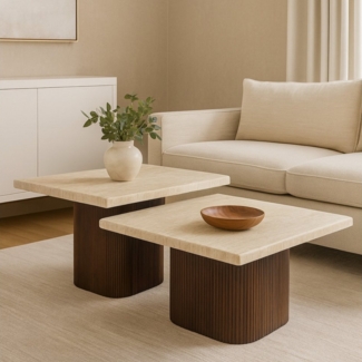 alesvelt Couchtisch Set Alviano Travertin Tischplatten mit edlem Sockel im Säulenstil 90cm (2-er Set), 90X90X38 CM + 70X70X45 CM