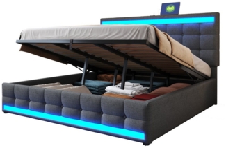 REDOM Polsterbett mit USB-Anschlüssen, RGB-LED-Licht und hydraulischem Stauraum (Stauraumbett mit verstellbarem Kopfteil, Funktionsbett 180x200 cm), Inklusive Matratze