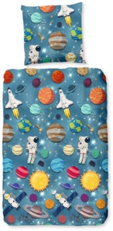 JACK Kinderbettwäsche 135x200 cm, Astronaut Spaceworld Blau, Flanell, 2 teilig, mit beeindruckendem Astronauten im Sternenstaub