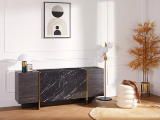 Vente-unique - Sideboard mit 4 Türen – Marmor-Optik schwarz, dunkles Naturholz und Gold – CADEBA II