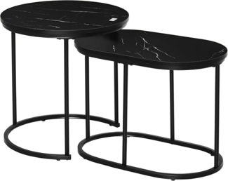 HOMCOM 2er Set Couchtisch Satztisch Rund Oval Beistelltisch Kaffeetisch Stapelbar für Wohnzimmer mit Faux Marmor Seite bis 30 kg MDF Stahl Schwarz Ø50x50,5H cm