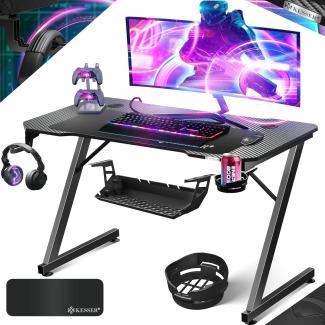 KESSER® Gaming Tisch LED | Z-Form Gamer Schreibtisch | Kopfhörerhaken & Kohlebeschichtung | Ergonomischer PC Computertisch | Stabiler Tisch mit Mauspad & Getränkehalter 100 x 60 cm, Schwarz Carbon