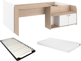 Vente-unique - Kombibett 90 x 190/200 cm - Natur und Weiß + Lattenrost + Matratze - MIVONA