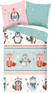 Good Morning Kids Flanell Bettwäsche 135x200 Turr Winter Tiere rosa mint 33370