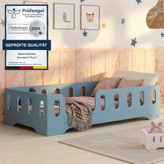 smartwood Kinderbett Bodenbett 80x190 mit Rausfallschutz & Lattenrost - Blau - Kinder Montessori Bett TILA 2L mit glatten Kanten - Betten für schnelle Montage - Bis 230 kg belastbar