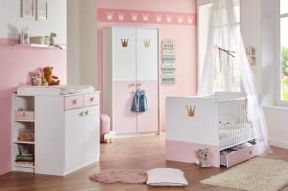 Babyzimmer Cindy 7 teilig in Weiß und Rosé mit Kleiderschrank, Kinderbett Babybett mit Lattenrost, Umbauseiten und Bettschubkasten, Wickelkommode mit Seitenregal, Wandboard - Kinderzimmer komplett Set von Wimex - MD110852