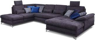 Cavadore Wohnlandschaft Castiel mit Federkern / Großes U-Form-Sofa mit Schlaffunktion, Bettkasten, Sitztiefenverstellung und Kopfstützen / 368 x 114 x 232 / Webstoff, Dunkelblau