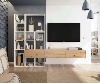 Dmora - Wohnwand Wausau, Wohnzimmer-Set mit 3 Schubladen, Mehrzweck-Wohnzimmer-Bücherregal, 226 x 28 x 173 cm, Weiß und Nodi-Eiche