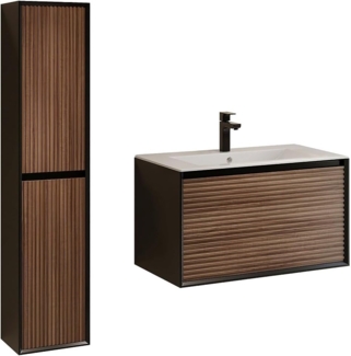 Vente-unique - Waschbeckenunterschrank hängend mit Einbauwaschbecken, Badhochschrank & Armatur - Riffeloptik - Naturfarben dunkel & schwarz - 80 cm - BANIVA