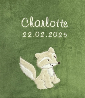 KIDDI-MEDIA Babydecke mit Name und Geburtsdatum Bestickt/kuschelig weich / 1A Qualität (Olivgrün - Fuchs)