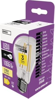 EMOS dimmbare Edison LED Lampe Filament A60, 7,5W Ersatz für 75W Glühbirne, Vintage-Stil mit E27 Sockel, Helligkeit 1055 lm, Warmweiß 2700 K, 25000 Stunden Lebensdauer, CRI 80, 320° Abstrahlwinkel