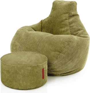 Green Bean® Sitzsack mit Hocker aus Cord - Sitzsäcke für das Wohnzimmer, Schlafzimmer, Sitzsack-Sessel für Erwachsene Grün