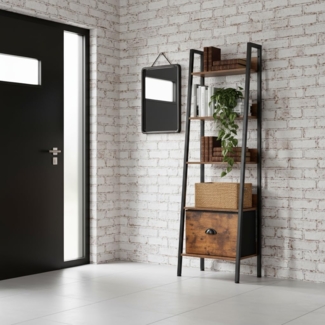 FurnitureR Moderner Flur-Kommodenschrank mit Schublade und Regalen, 141 x 42,5 x 29 cm, Vintage Holzoptik & Metallrahmen, platzsparend für Eingangsbereich