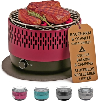 SOUK ONE Tischgrill mit Aktivbelüftung, Holzkohlegrill Grill mit Lüfter, Campinggrill BBQ Outdoor (Rot)