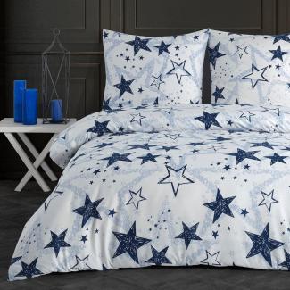 Buymax Bettwäsche, Renforcé: 100% Baumwolle, 2 teilig, Bettbezug-Set, 135x200 cm, mit Reißverschluss Sterne Stars Weiß Blau