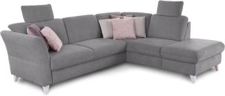 CAVADORE Ecksofa Trend / Skandinavische Eckcouch mit Federkern, Ottomane und 2 Kopfstützen / 252 x 86 x 213 / Chenille, Grau