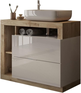 Robas Lund Hamburg Waschtisch-Unterschrank, Modern, Badezimmer, 92 x 92 x 49 cm, Weiß Hochglanz/Eiche Cadiz, Holzwerkstoff, Keramik-Waschbecken, Bodenstehend, 2 Schubladen