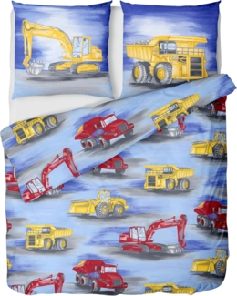 LINKHOFF Kinderbettwäsche Bagger Bettwäsche 135x200 2tlg. - Kinder Bettwäsche Junge, Bügelfrei, Atmungsaktiv, Renforce-Bettwäsche, 100% Baumwolle