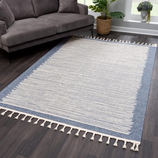 Teppich Wohnzimmer mit Fransen Deko Boho – Blau Cream-Streifen – 80x150cm - Kurzflor Schlafzimmer Flur Dekoration Läufer - Skandinavische Teppiche