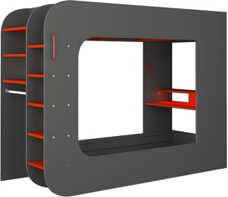 Vente-unique - Hochbett mit Gaming-Schreibtisch & Stauraum + LEDs - 90 x 200 cm - Anthrazit & Rot - WARRIOR