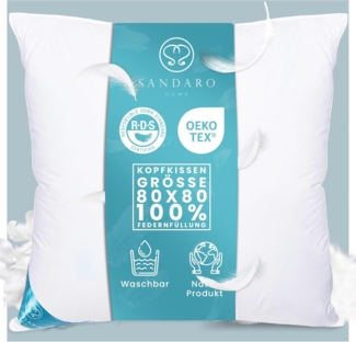 Sandaro Home Federkopfkissen 2000 gr, 100% FEDERFÜLLUNG, 80 x 80 cm, Füllung: 100% Federn, Bezug: Baumwolle