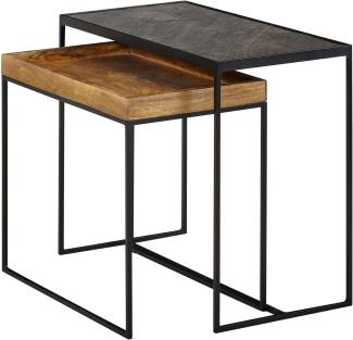 Kadima Design Industrielle Beistelltisch Set, Mango Massivholz, Eisen, Anthrazit/Braun. 60x30x50 cm