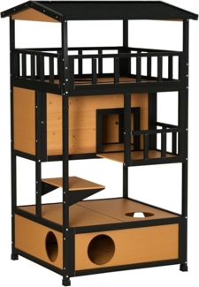 PawHut Tierhöhle Katzenhütte mit Terrasse Katzenhöhle, 4 Etagen, Katzenvilla mit Treppe, Winterfest, Kleintierhaus, Gelb, 75,5 x 75 x 137 cm