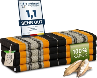 Nachhaltige Klappmatratze aus Kapok, breite Gästematratze vierteilig, Faltbare Matratze, ökologische Yogamatte, klappbares Gästebett, Liege für Garten und Balkon 200 x 110 x 8 cm (Schwarz/Orange)