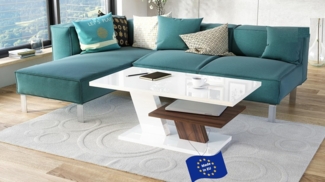 Mazzoni Couchtisch Cliff Weiß Hochglanz / Nussbaum Wohnzimmertisch 110 x 60 x 45 cm