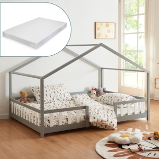 en.casa 'Treviolo' Hausbett 90x200 cm, grau/weiß, Kiefernholz, mit Matratze, Lattenrost und Rausfallschutz