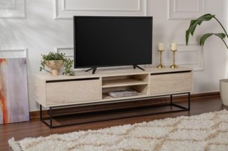 Hanah Home Elegant TV Stand with Iron Legs, Travertine Black, 180 x 50 x 40 cm | 100% Melamine Coated Particle Board, 2 Drawers & Multiple Shelves | Modern Marble Design