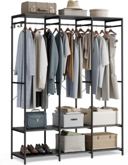 SONGMICS Kleiderschrank offen, Kleiderständer, Garderobenständer, Garderobe mit Kleiderstange, Ablagen, abnehmbare Haken, 40 x 141 x 180 cm, ebenholzschwarz RGR005B56