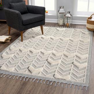 Teppich Boho Wohnzimmer - Creme, Graublau - 140x200 cm - Geometrisches Muster - Relief-Optik, 3D-Effekt - Cut-&Loop, Sisal - Moderne Fransen-Teppiche Schlafzimmer