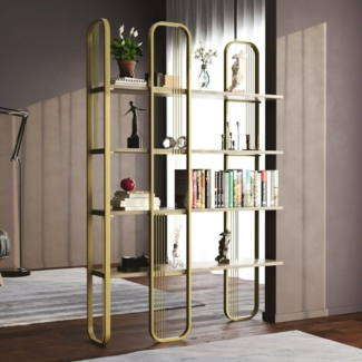 Dmora - Bücherregal Almena, Büroregal, Bücherregal, Bibliothek, 125 x 28 x 180 cm, Gold