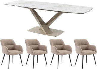 Vente-unique - Set Tisch MALATA + 4 Stühle HEKA - Marmor-Optik - Weiß & Beige