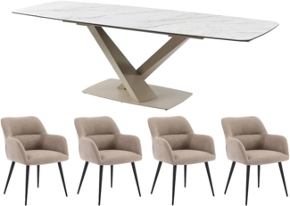 Vente-unique - Set Tisch MALATA + 4 Stühle HEKA - Marmor-Optik - Weiß & Beige