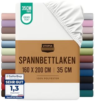 Utopia Bedding - Spannbettlaken 160x200 cm - Weiß - Oeko-Tex Zertifiziertes Gebürstete Polyester-Mikrofaser Spannbetttuch - 35 cm Tiefe Tasche