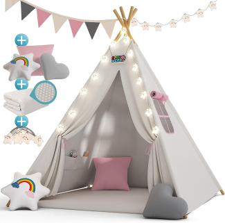 Spielwerk Kindertipi mit Lichterkette, Bodenmatte und Kissen, beige, 120 x 120 x 160 cm