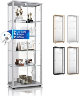 K-Möbel Glas Vitrinenschrank 2-türig (176x67x33cm) - Made in Germany - Standvitrine Silber / Alu mit 4 höhenverstellbaren Glasböden, Spiegel, Schloss & LED - Glasvitrine Stehend - Sammler