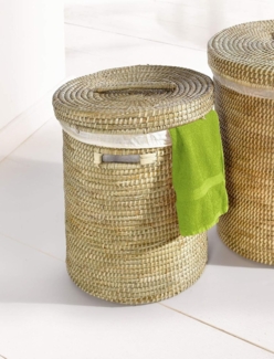 Dekoleidenschaft Wäschekorb aus Seegras mit Deckel, Wäschesammler mit Textileinlage, in 2 Größen, Wäschetonne Wäschebox Aufbewahrungskorb Wäschebehälter Laundry Basket