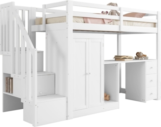 SOFTWEARY Hochbett mit Lattenrost und Kleiderschrank (90x200 cm) Einzelbett mit Rausfallschutz, Kiefer