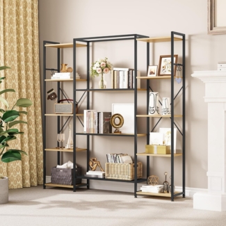 YITAHOME Industrielles Bücherregal Mit 13 Regalen, Standregal Aus Holz Und Metallrahmen, Präsentationsregal Für Wohnzimmer, Heimbüro, Holzfarbe