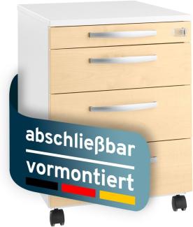 SCHÄFER SHOP Select Rollcontainer LOGIN, Bürocontainer mit 3 Schüben und 1 Untensilienauszug, vormontiert und abschließbar, B 432 x T 580 x H 595 mm, weiß/ahorn Schubladenschrank - 107637