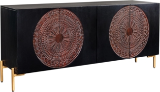 riess-ambiente Sideboard MANDALA 160cm schwarz / gold · Massivholz-Kommode mit 3D Schnitzereien (Einzelartikel, 1 St), Metall-Füße · Anrichte mit 4 Türen und 4 Fächern · Wohnzimmer · Design