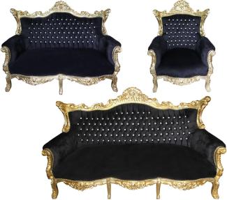 Casa Padrino Barock Wohnzimmer Set Master Schwarz/Gold mit Bling Bling Glitzersteinen - 3er Sofa+2er Sofa + 1 Sessel