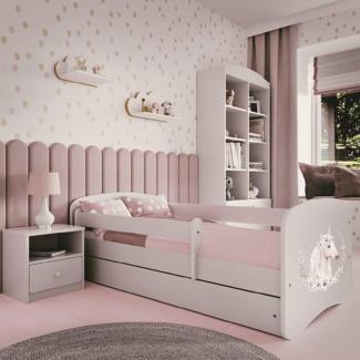 Kinderbett 180x80 mit Rausfallschutz, Lattenrost & Schublade in weiß 80x180 Mädchen Bett rosa Einhorn