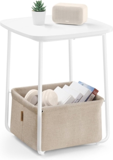 Vasagle Beistelltisch, Couchtisch mit Korb aus Stoff, moderner Wohnzimmertisch, quadratischer Tisch, für Wohnzimmer, Schlafzimmer, mattweiß-Kamelbraun